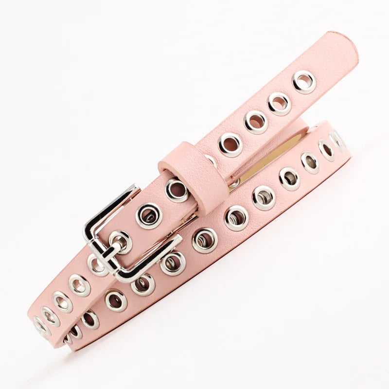 Women Trouser Belt Punk Cool Metal Buckle Adjustable Eyelet Leather Fashion Thin Waistband for Jeans Dress Hole Waist Goth Belt