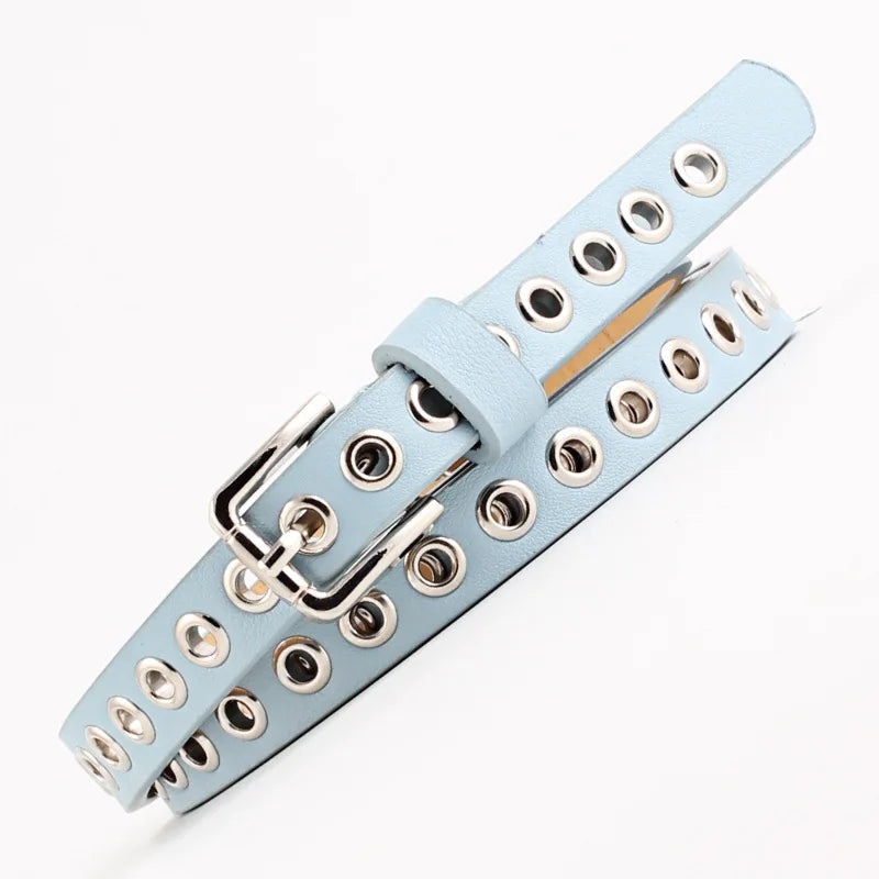 Women Trouser Belt Punk Cool Metal Buckle Adjustable Eyelet Leather Fashion Thin Waistband for Jeans Dress Hole Waist Goth Belt