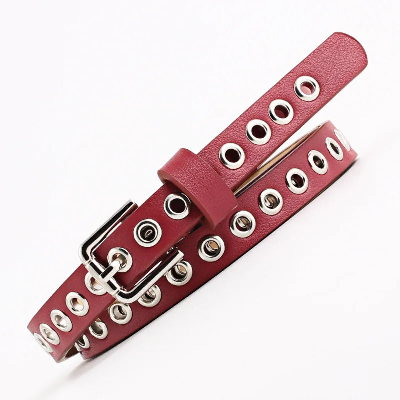 Women Trouser Belt Punk Cool Metal Buckle Adjustable Eyelet Leather Fashion Thin Waistband for Jeans Dress Hole Waist Goth Belt