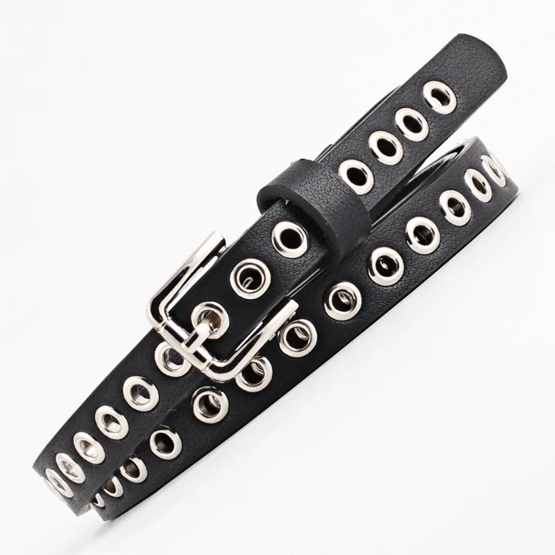 Women Trouser Belt Punk Cool Metal Buckle Adjustable Eyelet Leather Fashion Thin Waistband for Jeans Dress Hole Waist Goth Belt