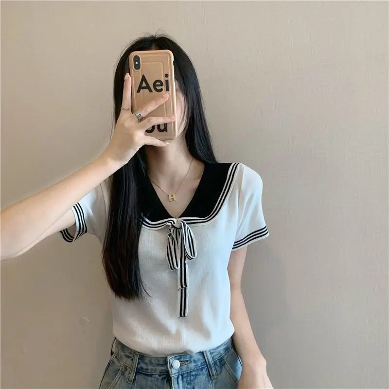 T-shirts Women Sailor Collar Knitted Lace-up Retro Japanese Style Sweet Girlish Preppy Fashion Age-reducing Harajuku Crop Tops