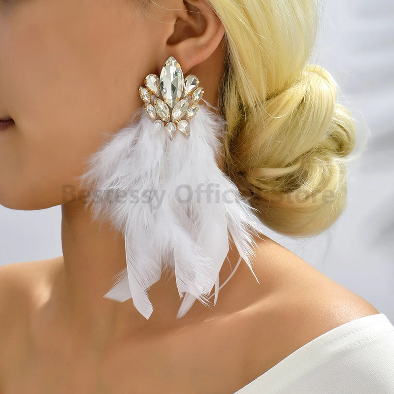 Luxurious Design New Rhinestone Decoration Long Feather Pendant Earrings For Women Retro Ethnic Exaggerated Jewelry Accessories