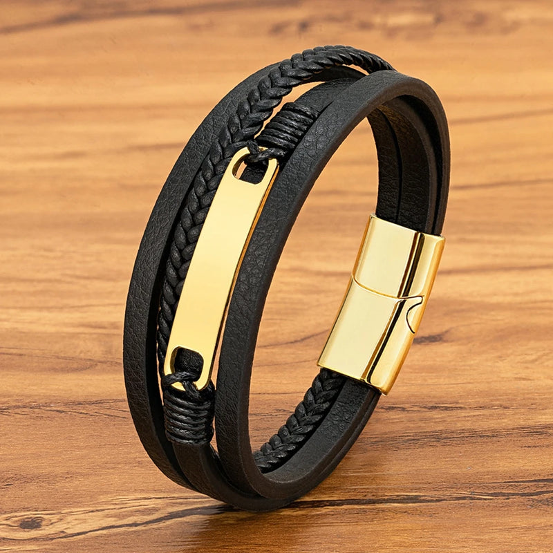 XQNI Multi-layer Braided Leather Wrap Bracelet Men Cool Trend Stainless Steel Casual Buckle Bracelet Jewelry Accessories Gift