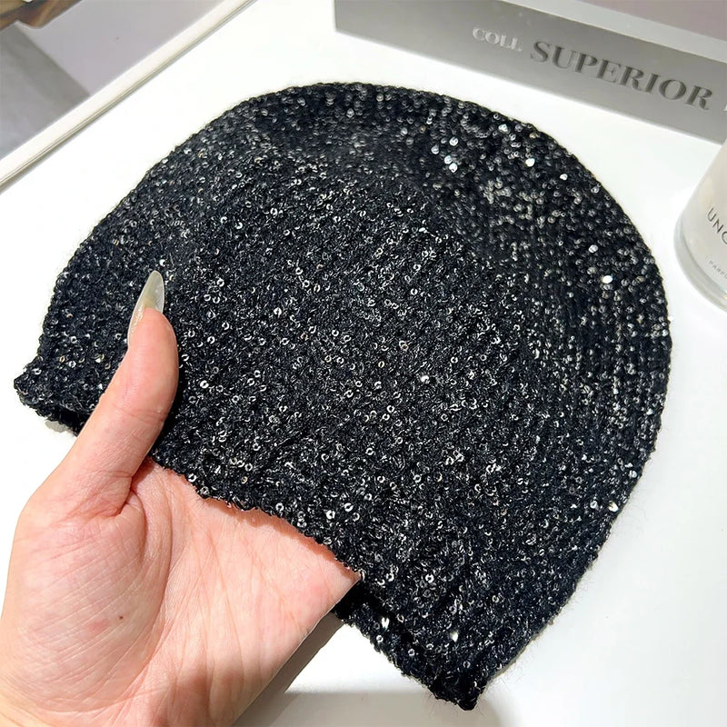 Korean Shiny Cold Cool Street Knitted Hat Autumn Winter Sequined Bow Beanies Caps Girl Glitter 2024 Fashion Bag Head Beanie Hats