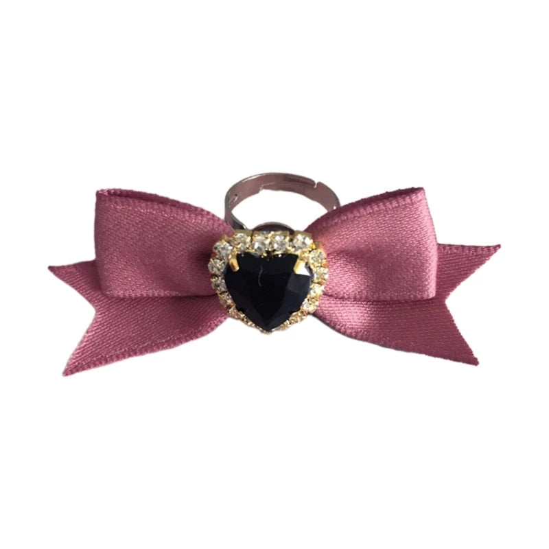 Harajuku Crystal Love Heart Ribbon Bow Knot Ring for Women Dark Cool Sweet Trendy Jewelry Aesthetics Y2k Accessories