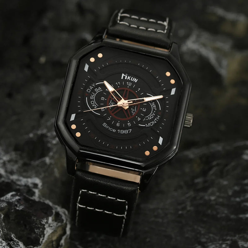 Alloy Men Quartz Watches Bracelets 5pcs/Set Casual PU Leather Strap Cool Black Watch Big Dial Square Sports Watch Wristwatches