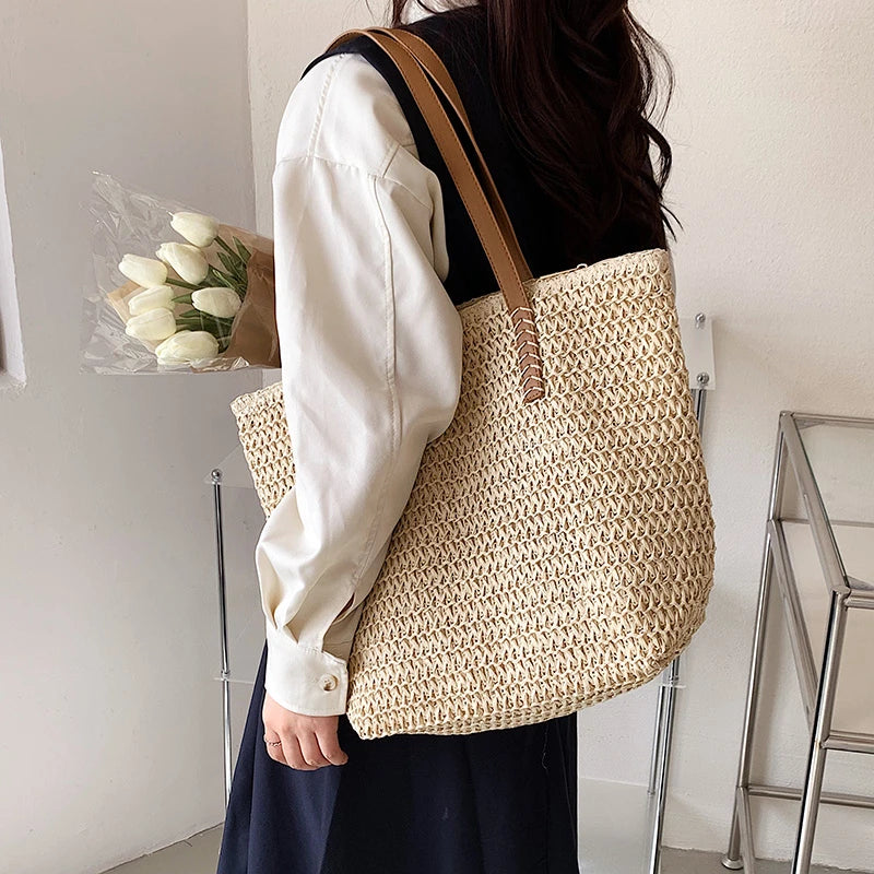 Hand-woven Women's Shoulder Handbag Bohemian 2024 Summer Fashion Straw Beach Tote Bag Travel Shopper Weaving Shopping Bags