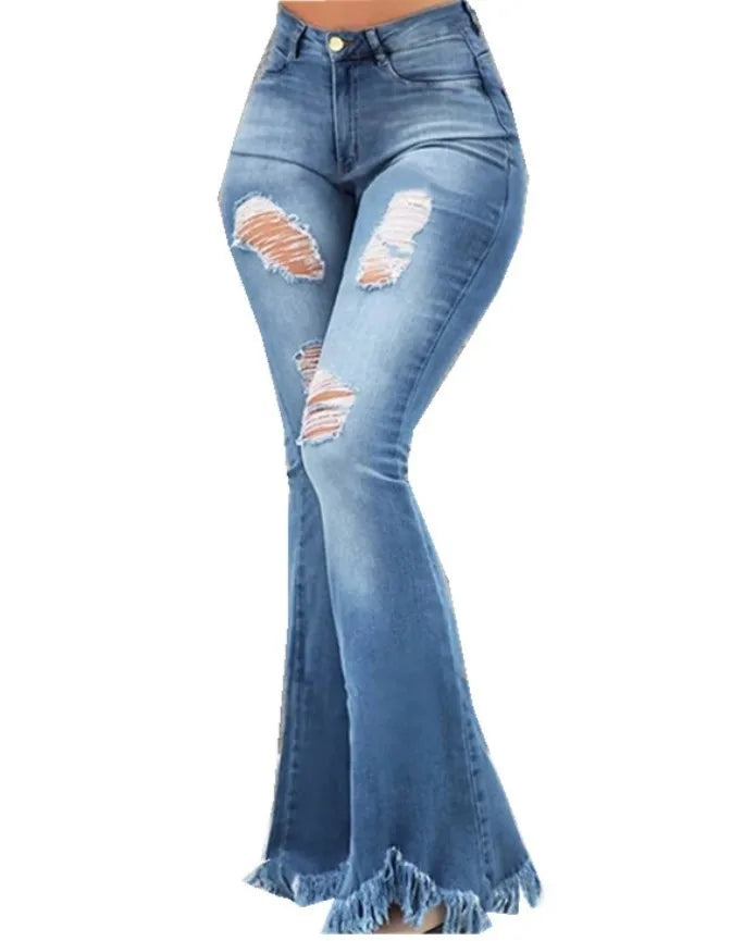 Y2K Clothing Women's Pans 2023 Autumn New Fashion Old Worn White High Waist Jeans Show Thin Tassel Edge Micro Ragged Denim Pants