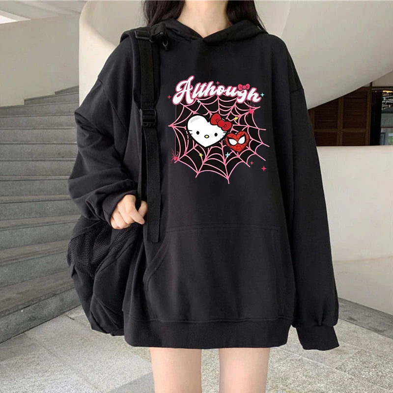 2024 Fashionable Kawaii Sanrio Spider Hello Kitty Anime Hoodie Dark Men Women Black Y2K Aesthetic Tops Winter Casual Jacket Tops