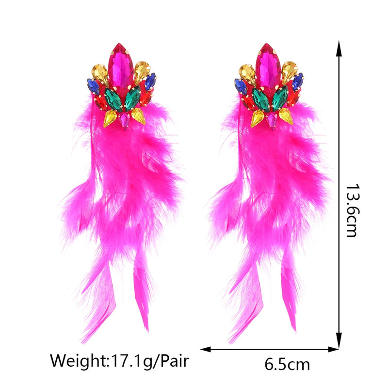 Luxurious Design New Rhinestone Decoration Long Feather Pendant Earrings For Women Retro Ethnic Exaggerated Jewelry Accessories