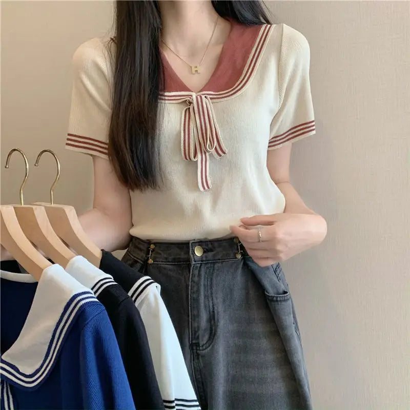 T-shirts Women Sailor Collar Knitted Lace-up Retro Japanese Style Sweet Girlish Preppy Fashion Age-reducing Harajuku Crop Tops