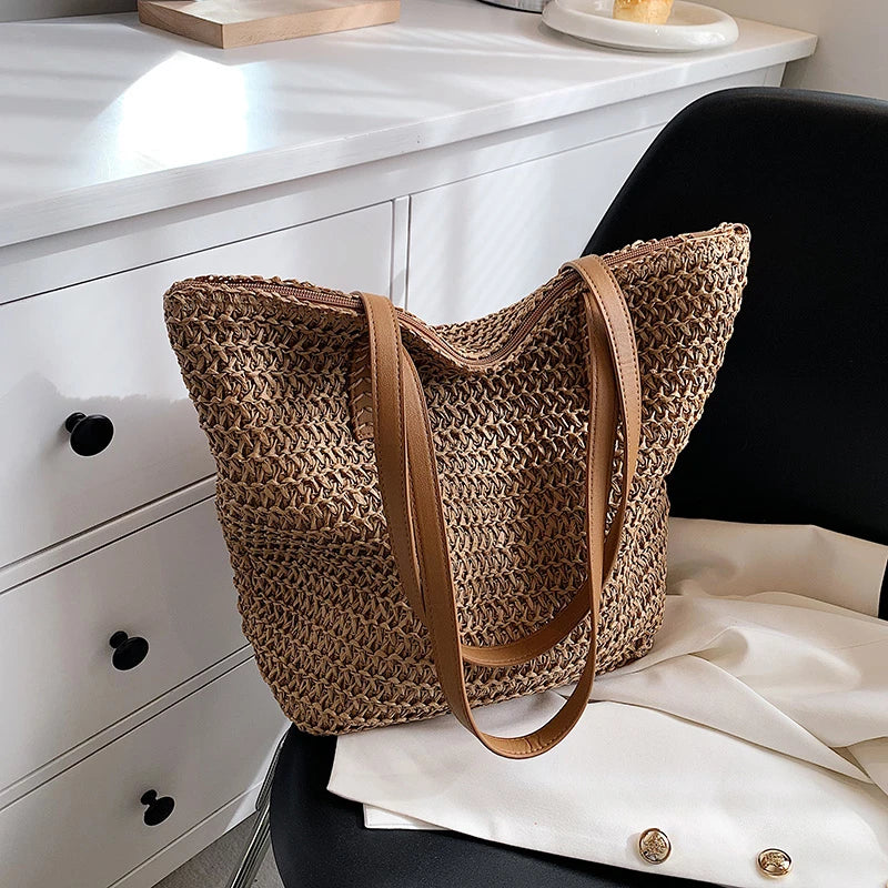 Hand-woven Women's Shoulder Handbag Bohemian 2024 Summer Fashion Straw Beach Tote Bag Travel Shopper Weaving Shopping Bags