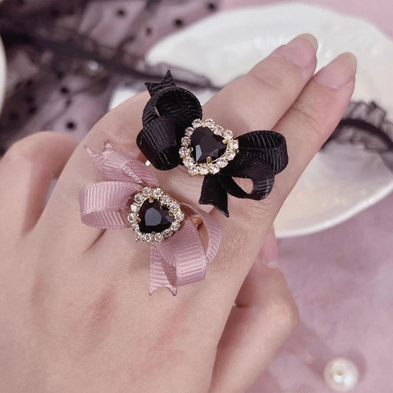 Harajuku Crystal Love Heart Ribbon Bow Knot Ring for Women Dark Cool Sweet Trendy Jewelry Aesthetics Y2k Accessories