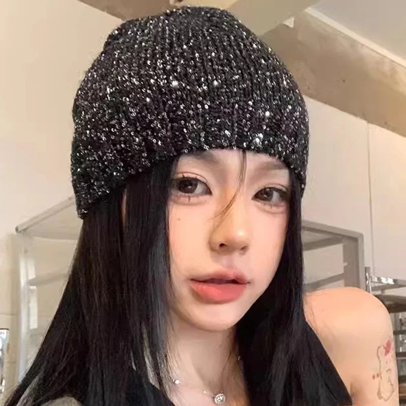 Korean Shiny Cold Cool Street Knitted Hat Autumn Winter Sequined Bow Beanies Caps Girl Glitter 2024 Fashion Bag Head Beanie Hats