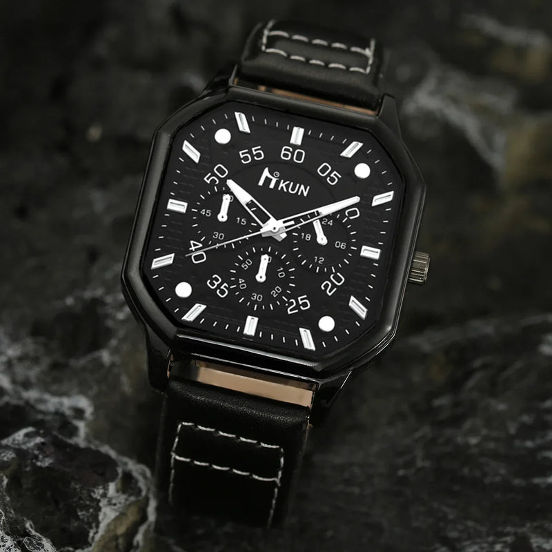 Alloy Men Quartz Watches Bracelets 5pcs/Set Casual PU Leather Strap Cool Black Watch Big Dial Square Sports Watch Wristwatches