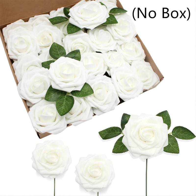 25/30Pcs Artificial Flowers Foam Fake Roses with Stems for DIY Wedding Bouquets Bridal Arrangement Home Party Table Decoration