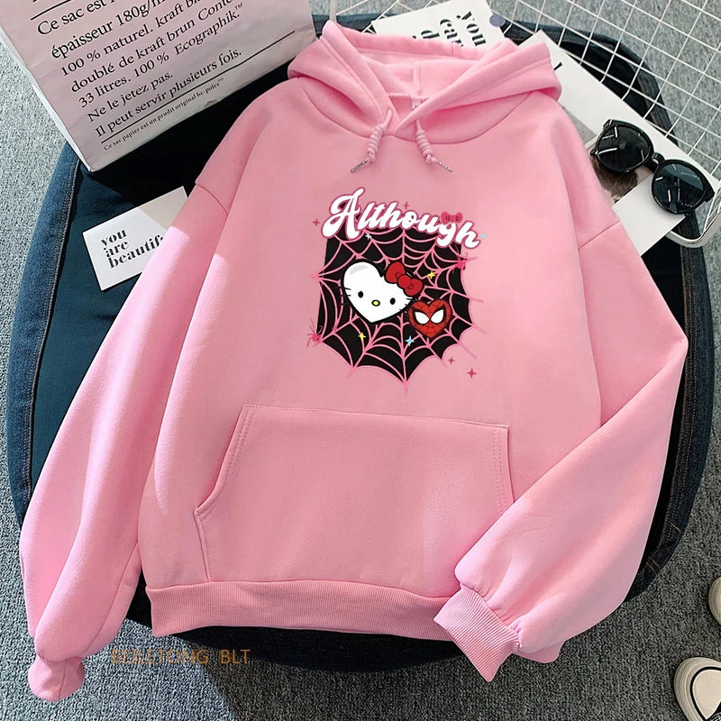 2024 Fashionable Kawaii Sanrio Spider Hello Kitty Anime Hoodie Dark Men Women Black Y2K Aesthetic Tops Winter Casual Jacket Tops