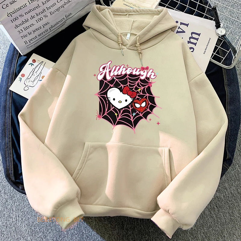 2024 Fashionable Kawaii Sanrio Spider Hello Kitty Anime Hoodie Dark Men Women Black Y2K Aesthetic Tops Winter Casual Jacket Tops