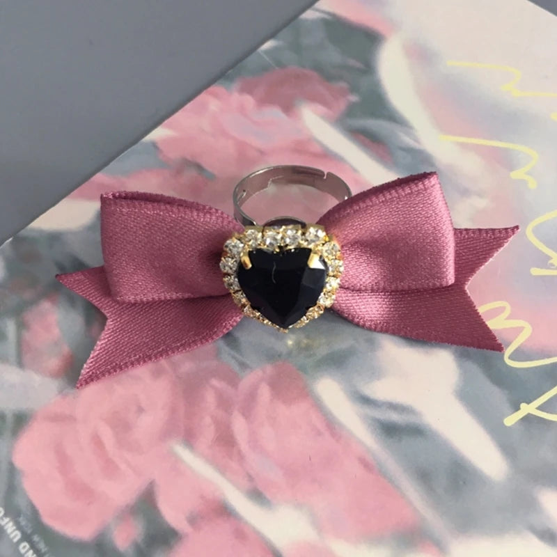 Harajuku Crystal Love Heart Ribbon Bow Knot Ring for Women Dark Cool Sweet Trendy Jewelry Aesthetics Y2k Accessories