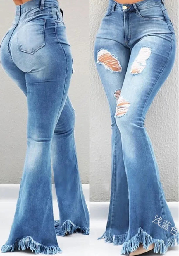 Y2K Clothing Women's Pans 2023 Autumn New Fashion Old Worn White High Waist Jeans Show Thin Tassel Edge Micro Ragged Denim Pants