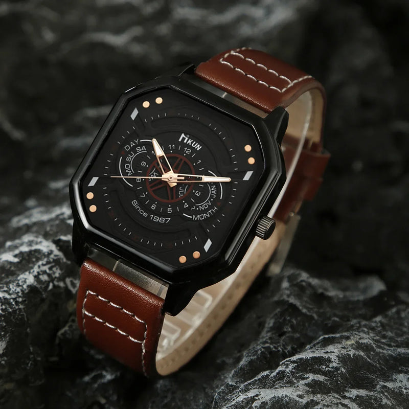 Alloy Men Quartz Watches Bracelets 5pcs/Set Casual PU Leather Strap Cool Black Watch Big Dial Square Sports Watch Wristwatches