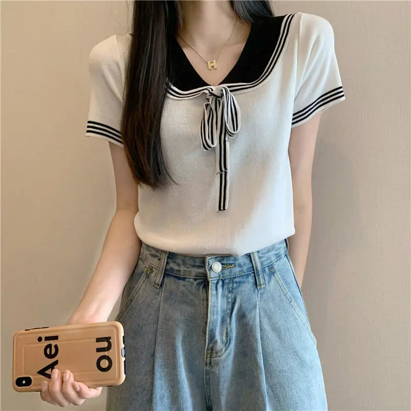 T-shirts Women Sailor Collar Knitted Lace-up Retro Japanese Style Sweet Girlish Preppy Fashion Age-reducing Harajuku Crop Tops