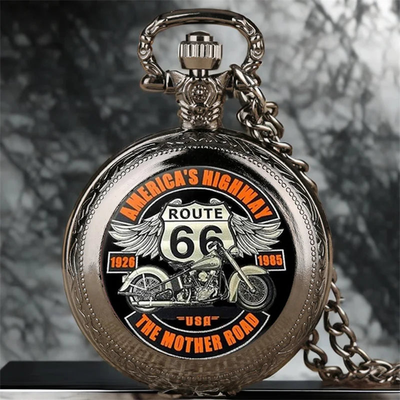 Cool Motorbike Pocket Watch Elegant Exquisite Clock With Necklace Chain The Mother Road Route 66 Masculino Relogio Best Gift