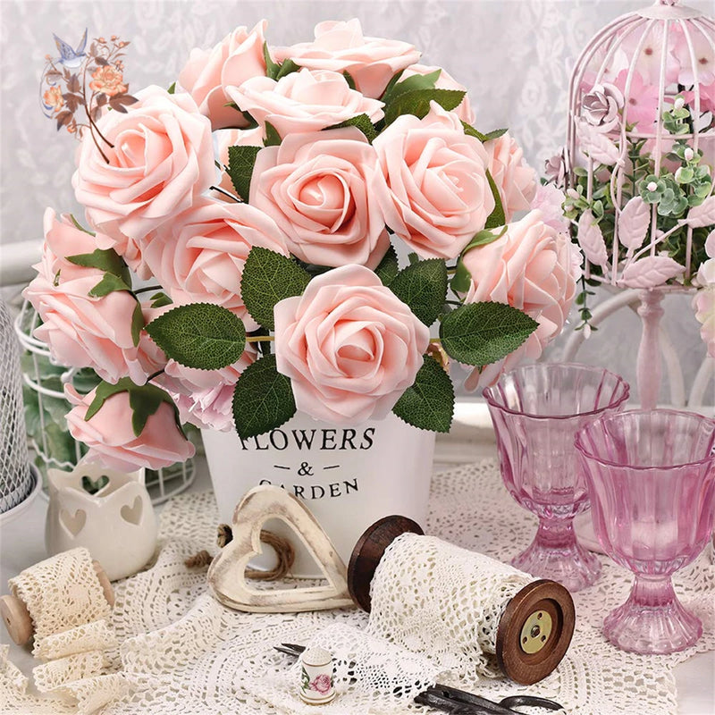 25/30Pcs Artificial Flowers Foam Fake Roses with Stems for DIY Wedding Bouquets Bridal Arrangement Home Party Table Decoration