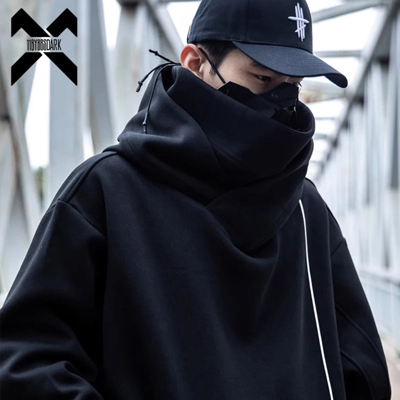 2023 Double Neckline Hoodie Techwear Harajuku Men Functional Hoodies Hip Hop Streetwear Pullover Sweatshirts Oversized Cotton