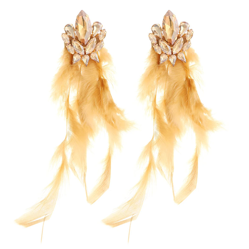 Luxurious Design New Rhinestone Decoration Long Feather Pendant Earrings For Women Retro Ethnic Exaggerated Jewelry Accessories