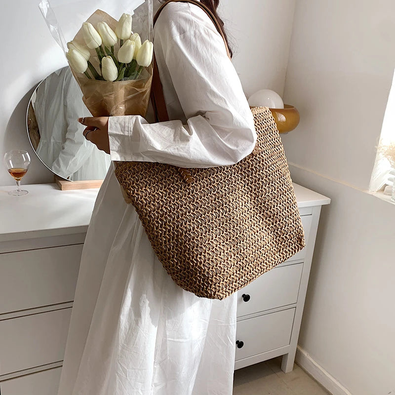 Hand-woven Women's Shoulder Handbag Bohemian 2024 Summer Fashion Straw Beach Tote Bag Travel Shopper Weaving Shopping Bags