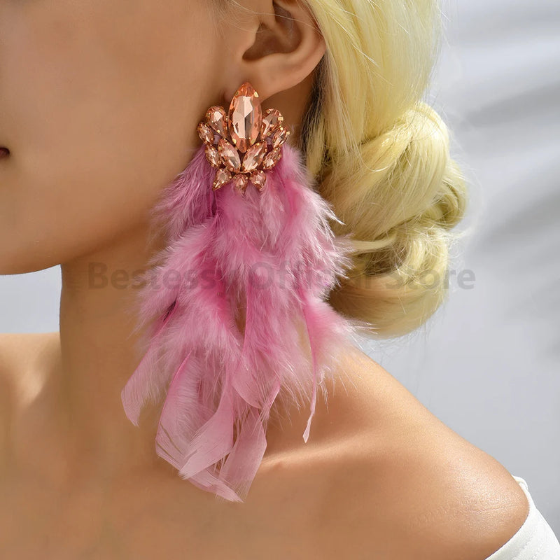 Luxurious Design New Rhinestone Decoration Long Feather Pendant Earrings For Women Retro Ethnic Exaggerated Jewelry Accessories