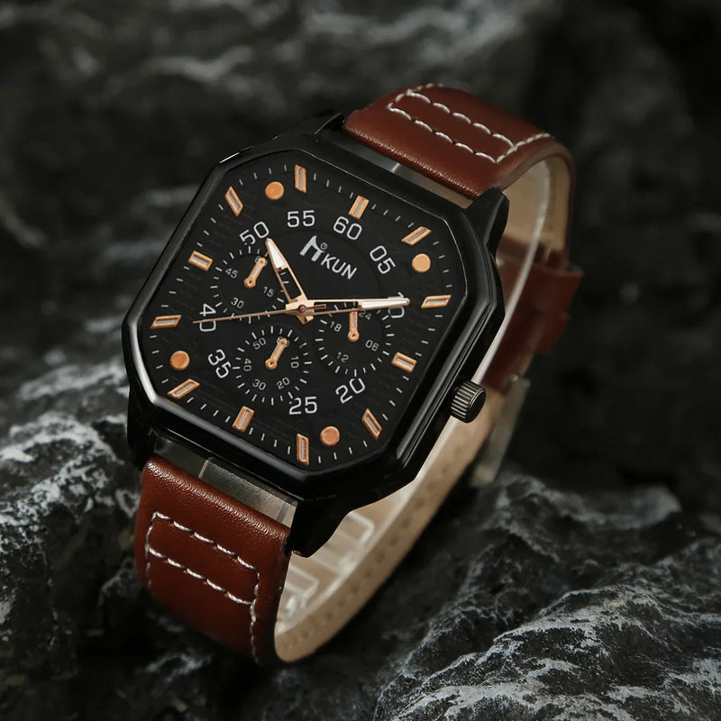 Alloy Men Quartz Watches Bracelets 5pcs/Set Casual PU Leather Strap Cool Black Watch Big Dial Square Sports Watch Wristwatches