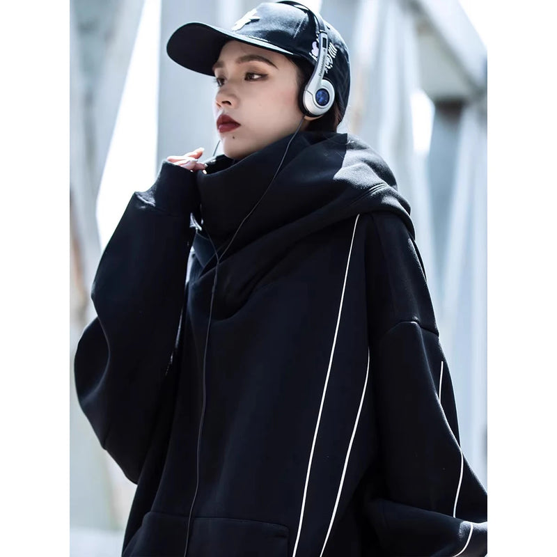 2023 Double Neckline Hoodie Techwear Harajuku Men Functional Hoodies Hip Hop Streetwear Pullover Sweatshirts Oversized Cotton