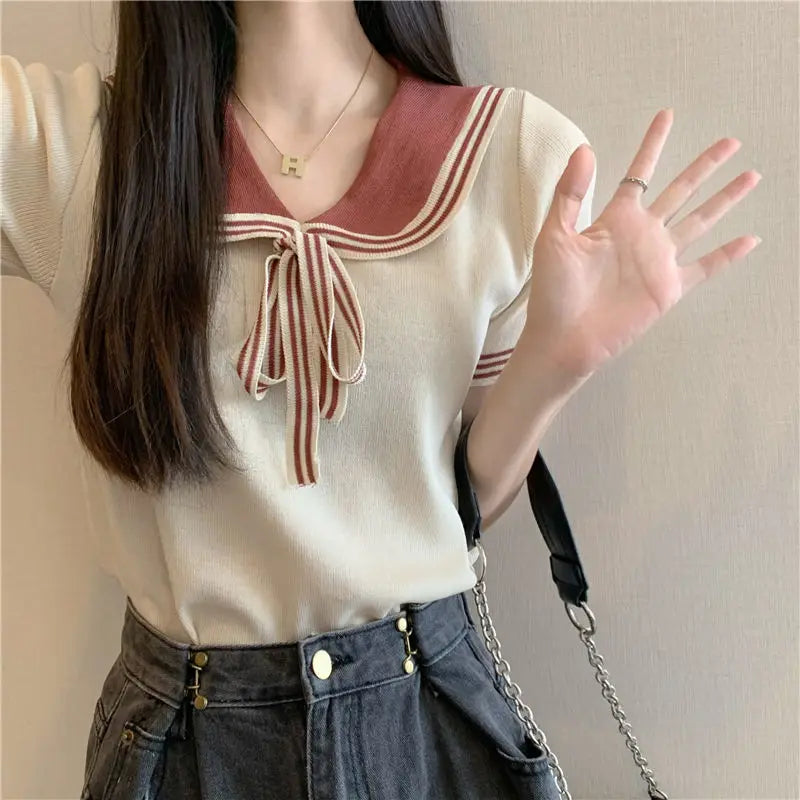 T-shirts Women Sailor Collar Knitted Lace-up Retro Japanese Style Sweet Girlish Preppy Fashion Age-reducing Harajuku Crop Tops