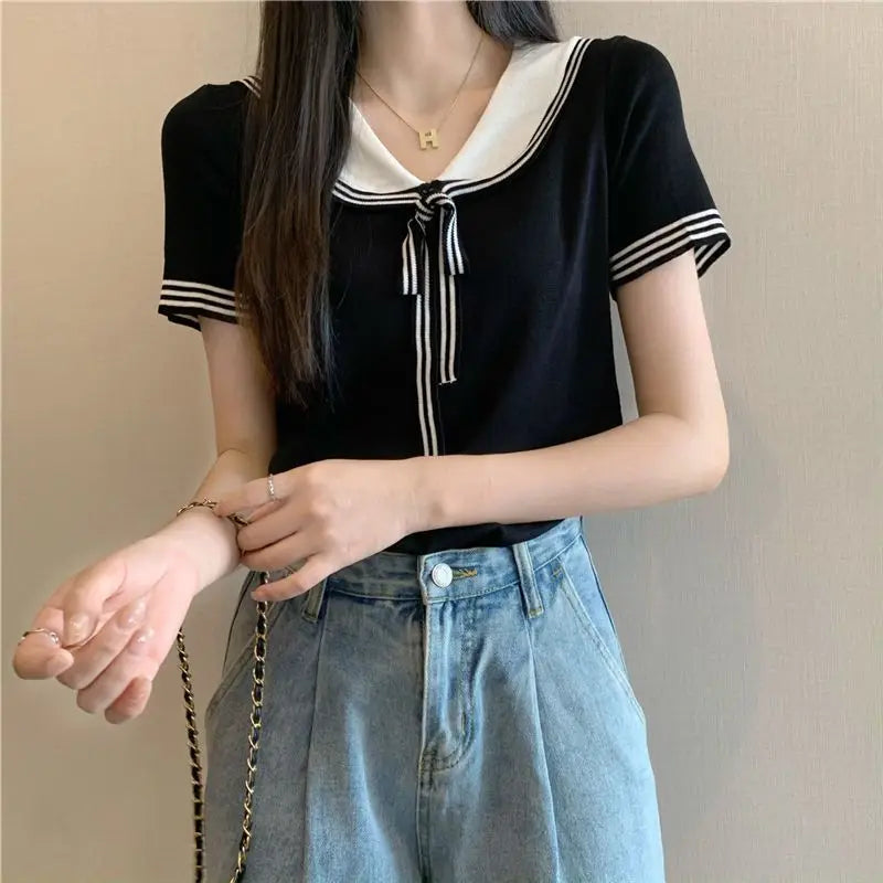 T-shirts Women Sailor Collar Knitted Lace-up Retro Japanese Style Sweet Girlish Preppy Fashion Age-reducing Harajuku Crop Tops