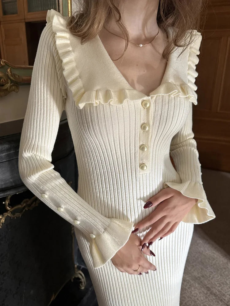 Tossy Ruffled Patchwork Knit Maxi Dress For Women Elegant Ribbed Long Sleeve Party Dress Gown Slim Knitwear Fashion Long Dress